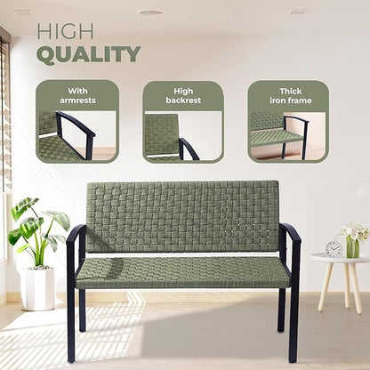 Chelsea Olive Patio Loveseat All-Weather Rope Outdoor Bench with Metal Armrest, Patio Outdoor Furniture Ideal Garden Bench for Balcony, Lawn, Backyard and Deck (Green)