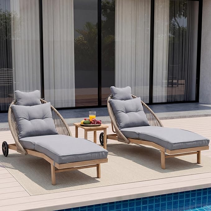 Patio Chaise Lounge Chair with Wheels, Outdoor Lounge Chairs with Thick Cushions, Patio Chaise Lounger Outdoor Handwoven Rope Armrests, Wicker Chairs for Outside, Poolside, Deck, Grey