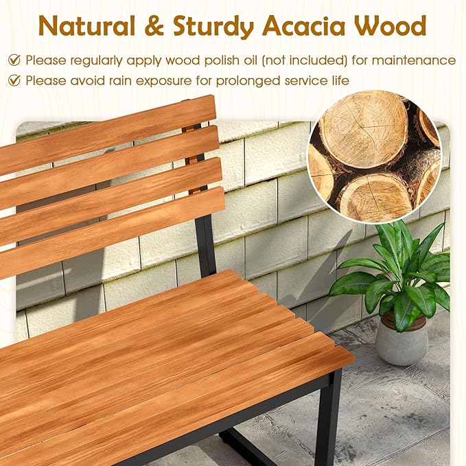 Giantex Outdoor Bench, 43"×22"×33" Acacia Wood Patio Loveseat with Backrest, Heavy Duty Metal Frame, 800 lbs Weight Capacity, 2-Person Garden Bench for Lawn, Porch, Yard and Park