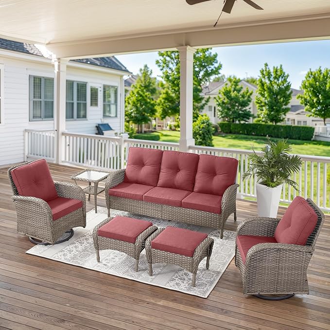Belord Outdoor Patio Furniture - Wicker Sofa with Removable Cushion, 3 Seater Rattan Couch with Deep Seat, High Backrest, All-Weather for Balcony, Deck, Backyard, Gray/Red