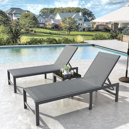 UDPATIO Outdoor Chaise Lounge Chair Set of 2 with Table Pool Lounge Chairs for Outside, Adjustable Lounger for Poolside Lawn Deck Lay Flat Sunbathing Backrest for Patio, Beach, Yard(Grey)