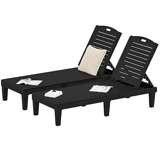 DWVO Outdoor Plastic Chaise Lounger, Poolside Lounge Chair w/5-Position Adjustable Backrest, Waterproof & Easy Setup for Patio, Poolside, Garden (Black, 2 PCS)