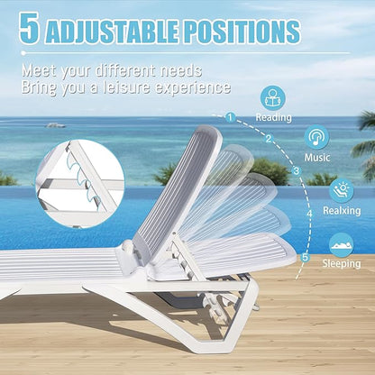 Domi Patio Outdoor Chaise Lounge Chair, All-Weather Plastic Adjustable Reclining Lounger, Stackable Tanning Lounge Chair w/Wheels and Side Table, for Beach Garden Lawn Pool(1 White Chair W/Table)