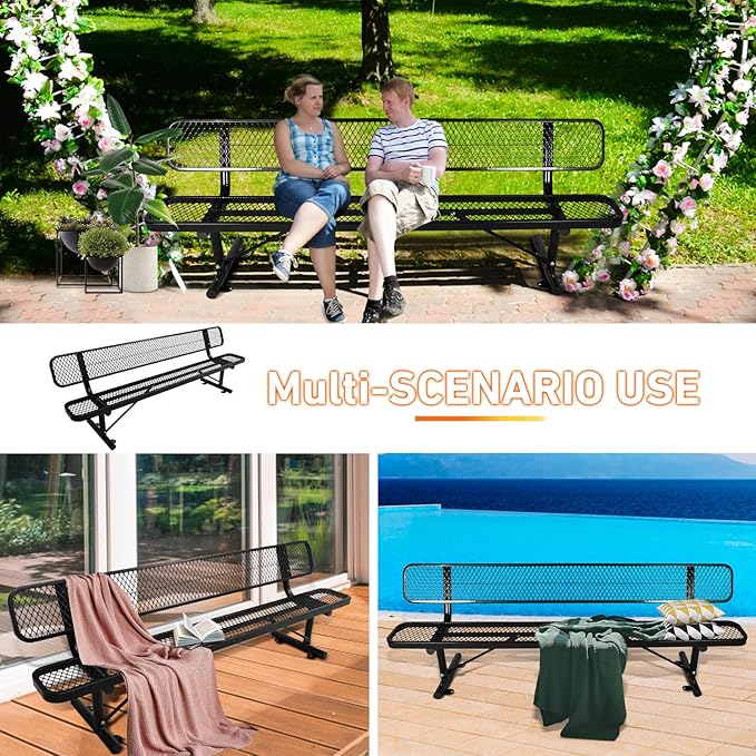 6Ft Outdoor Bench with Back Portable Frame, Outdoor Steel Park Bench with Backrest, Expanded Metal Mesh Bench for Outside, Lawn, Backyard, Park, Deck, Garden, Patio, Porch, Black