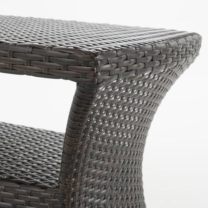 Outdoor Rattan Side Table with Umbrella Hole, All Weather 2 Tier Rattan Wicker Coffee End Table with Storage Shelf for Garden Porch Deck Backyard, No Assembly Required (Brown)