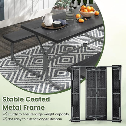 Giantex 6FT Picnic Table Bench Set Outdoor Camping All Weather Metal Base Wood-Like Texture Backyard Poolside Dining Party Garden Patio Lawn Deck Furniture Large Camping Picnic Tables for Adult, Black