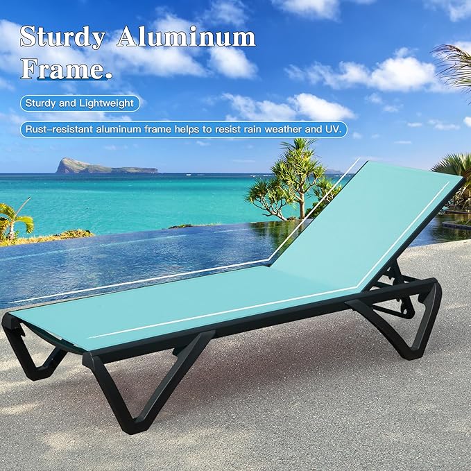 Domi Pool Lounge Chairs Set of 2, Aluminum Adjustable Outdoor Chaise Lounge with Wheels, All Weather Poolside Chairs for Deck Lawn Patio Backyard, Textilene - Turquoise Blue