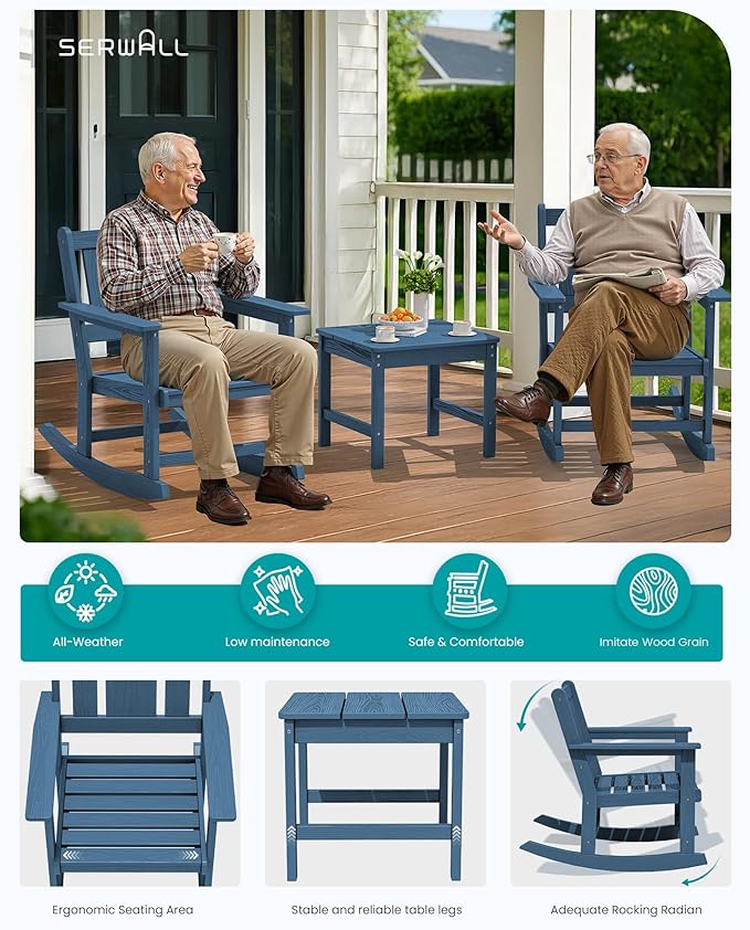 SERWALL Outdoor Rocking Chairs Set of 2 with 1 Side Table & 9ft Patio Umbrella - Photo 8