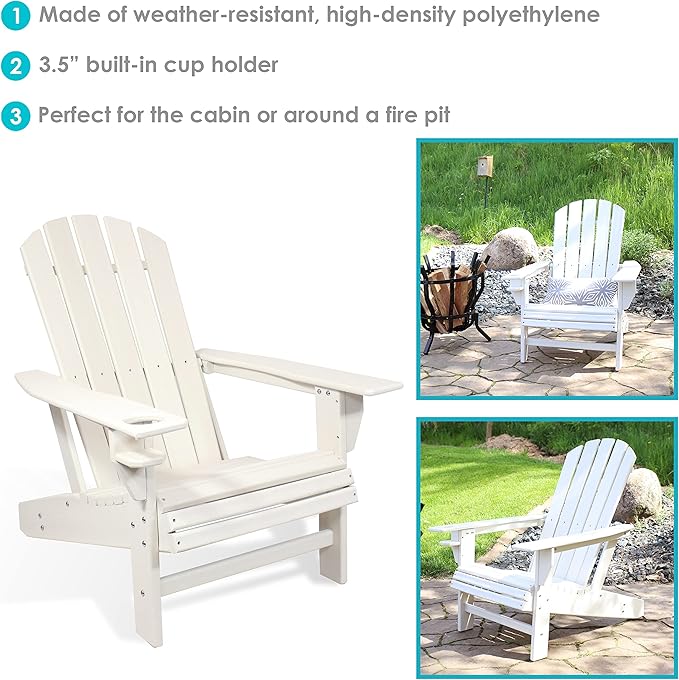 Sunnydaze Adirondack Chair with Cup Holder - Outdoor All-Weather Adirondack Chair for the Fire Pit, Patio, Campsite, or Yard - 300-Pound Capacity - White