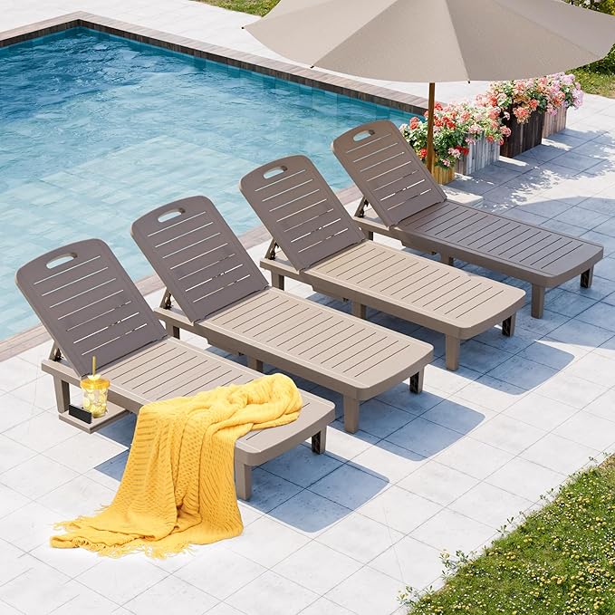 Outdoor Chaise Lounge Set of 4, Waterproof Pool Lounge Chairs for Outside w/5 Positions Recliner Chair for Patio, Poolside, Beach,All Weather Use, Taupe