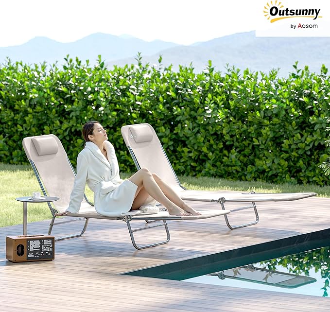 Outsunny 2 Piece Folding Chaise Lounge Chairs, Pool Sun Tanning Chairs with Reclining Back, Breathable Mesh Seat - Photo 2
