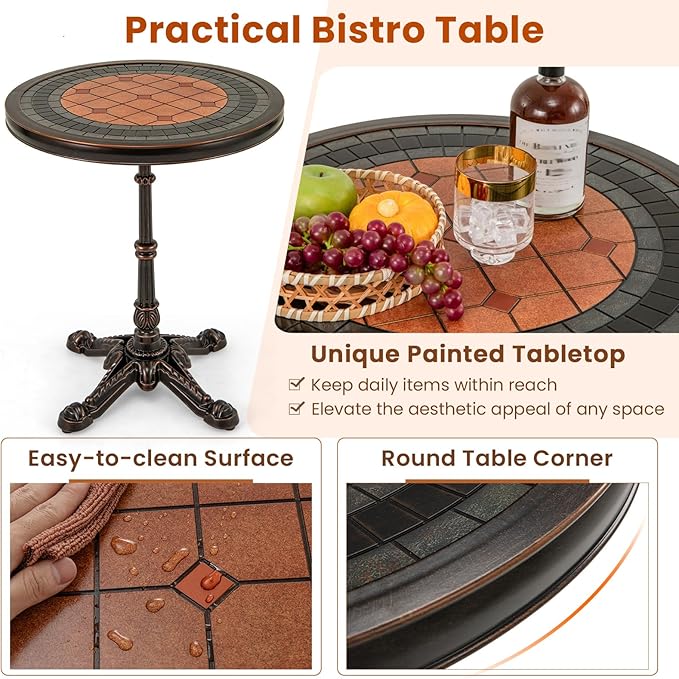 Tangkula 24" Round Patio Dining Table, Weather-Resistant Cast Aluminum Outdoor Table with Carved Texture & Painted Top, for Balcony, Garden, Backyard, Poolside