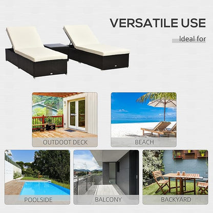 Outsunny Chaise Lounge Chair Set of 2 with 5 Angle Backrest, Outdoor Coffee Table, Water Repellent Cushions, PE Rattan Wicker Poolside Chairs, 3-Piece Pool Furniture Set, Dark Brown/Cream White
