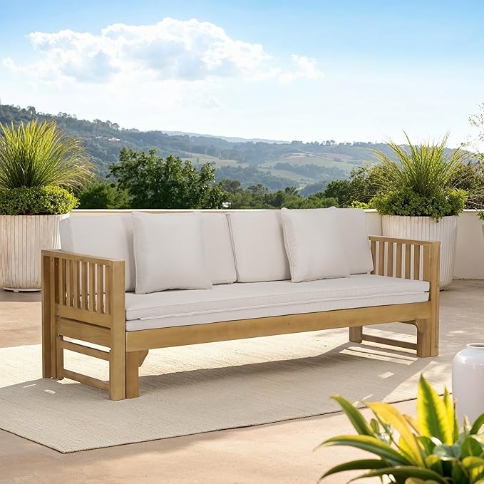 SAFAVIEH Outdoor Patio Furniture Collection - Napoli Oak Brown & Cream Solid Wood Bench Convertible Daybed with Cushions, Versatile Patio Seating (PAT6805B)