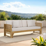 SAFAVIEH Outdoor Patio Furniture Collection - Napoli Oak Brown & Cream Solid Wood Bench Convertible Daybed with Cushions - Photo 6