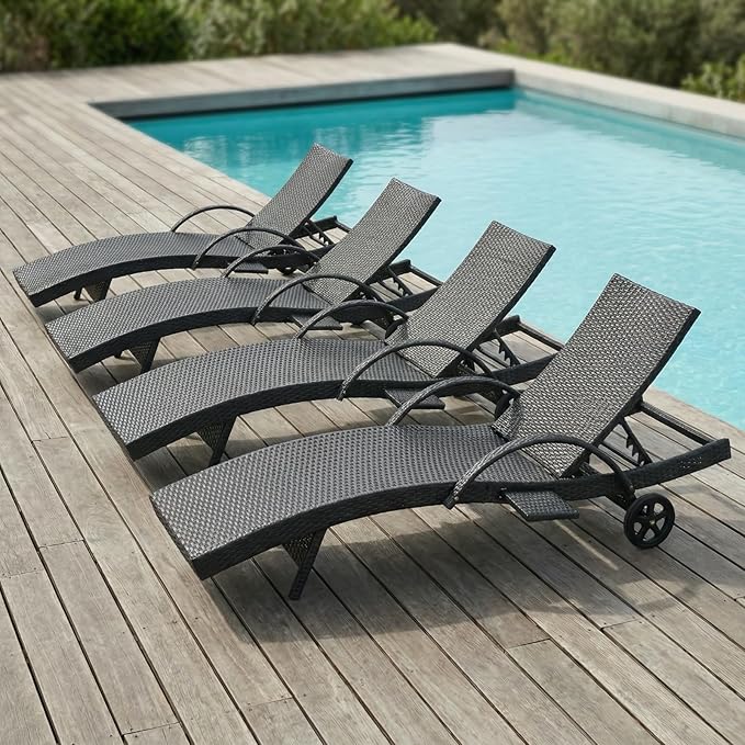 Set of 4 Outdoor Chaise Lounge Chairs with Wheels, Pull-Out Side Table, 5-Position Adjustable Backrest, All-Weather Wicker Patio Pool Lounge Chairs for Poolside, Backyard, Deck, Brown