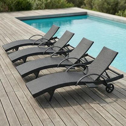 Set of 4 Outdoor Chaise Lounge Chairs with Wheels, Pull-Out Side Table, 5-Position Adjustable Backrest, All-Weather Wicker Patio Pool Lounge Chairs for Poolside, Backyard, Deck, Brown