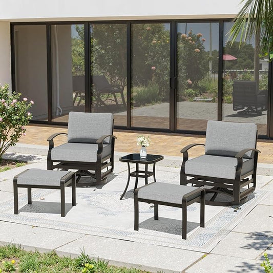 Gotland 5 Piece Patio Set, Aluminum Outdoor Swivel Chairs Set of 2 with 2 Ottoman 5.1’’ High-Resilience Seat Cushions Tempered Glass Coffee Table Removable Cushions, Metal Patio Furniture Set, Grey