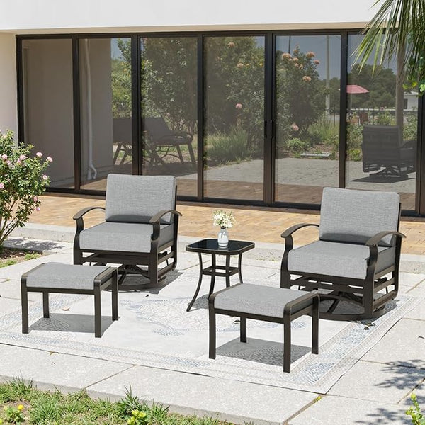 Gotland 5 Piece Patio Set, Aluminum Outdoor Swivel Chairs Set of 2 with 2 Ottoman 5.1’’ High-Resilience Seat Cushions - Photo 1