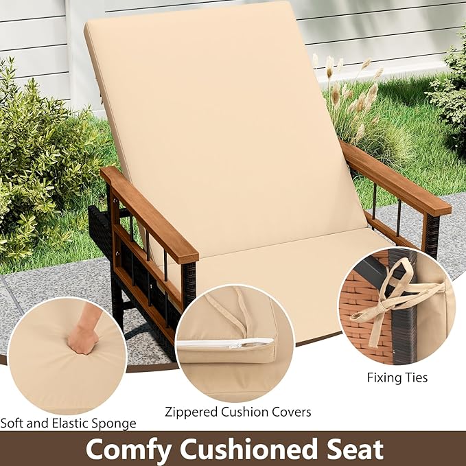 Tangkula Lounge Chairs Outdoor Set of 2, Patio Rattan Chaise Lounge with 4-Level Adjustable Backrest & Acacia Wood Armrests, Wicker Sunbathing Reclining Lounger with Soft Cushions for Outside (Beige)