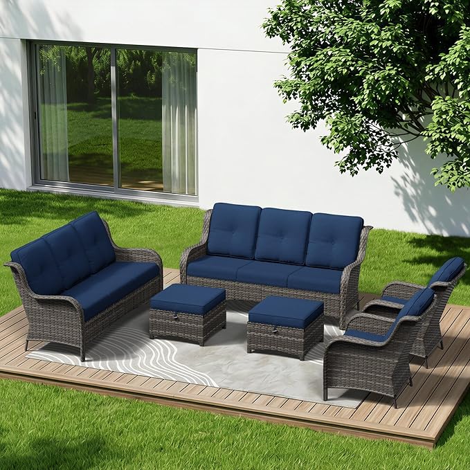 6 Piece Outdoor Wicker Patio Furniture Set, Patio Chairs Set with Thickened Olefin Cushions, High Back and Deep Seating - Photo 1