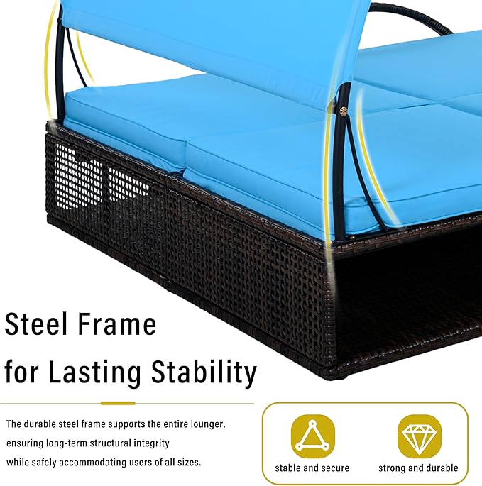 Outdoor Double Chaise Lounge with Adjustable Backrest and Sun Canopy - Photo 7
