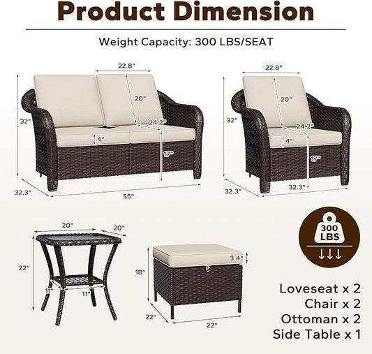 7 Piece Patio Wicker Conversation Set, 2 All-Weather Use Outdoor Wicker Loveseat with 2 PE Rattan Ottomans,2 Chair, 1 Side Table, Ideal for Porch, Backyard, Balcony, Poolside, Beige