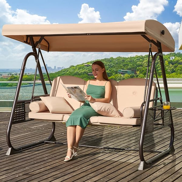 3 in 1 Outdoor Porch Swing with Adjustable Canopy, 3 Seat Outdoor Swing for Adults - Photo 1