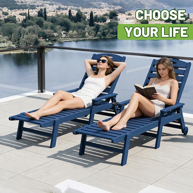 Outdoor Lounge Chairs Set of 2, 78'' Long Patio Lounge Chair HDPE 5-Position Adjustable with Cup Holder & Rolling Wheels - Photo 3