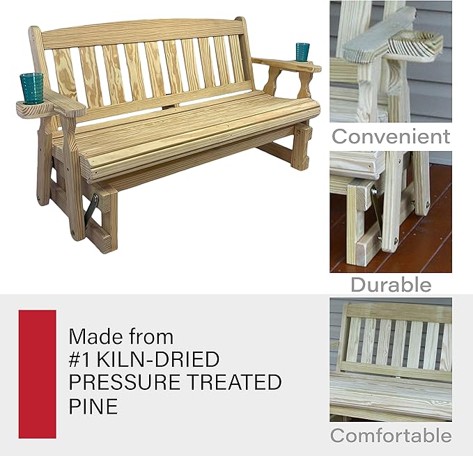 Amish OUTLET STORE Heavy Duty 800 Lb Mission Pressure Treated Porch Glider with Cupholders (5 Foot, Unfinished)