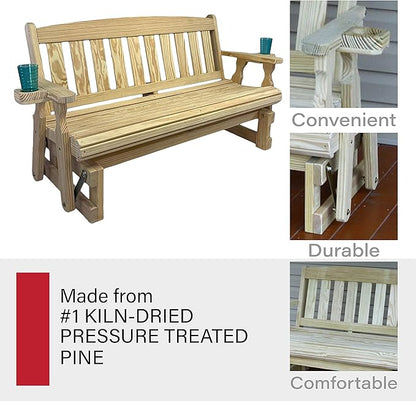 Amish Heavy Duty 800 Lb Mission Pressure Treated Porch Glider with Cupholders (4 Foot, Unfinished)