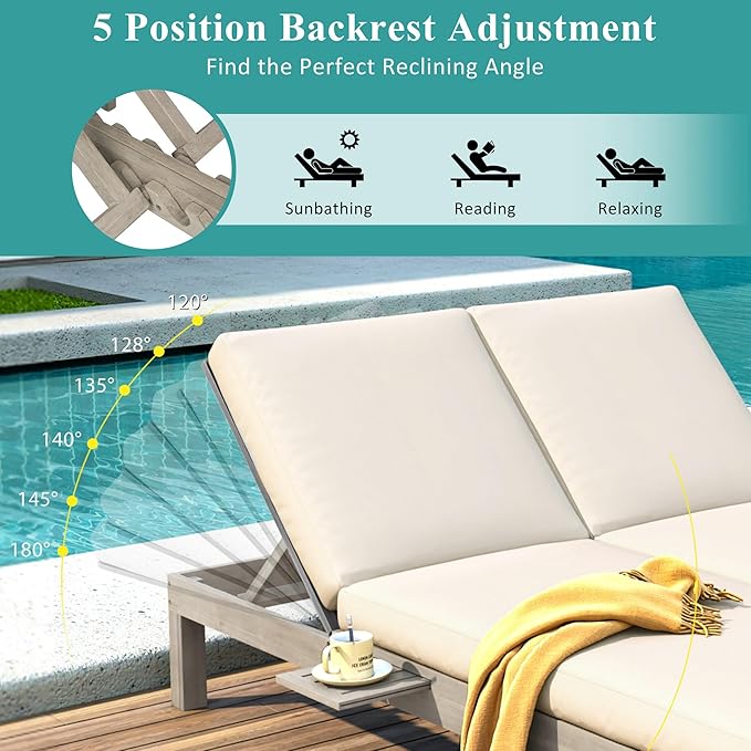SOFTSEA Patio Double Chaise Lounge with 5-Position Adjustable Backrest, Outdoor Chaise Lounge with Cushions for 2 People, Wooden Outdoor Daybed with Folding Side Trays for Pool Backyard, Gray