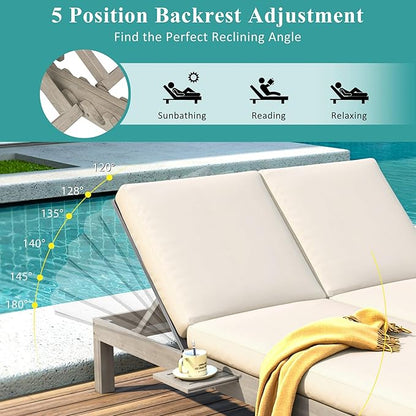 SOFTSEA Patio Double Chaise Lounge with 5-Position Adjustable Backrest, Outdoor Chaise Lounge with Cushions for 2 People, Wooden Outdoor Daybed with Folding Side Trays for Pool Backyard, Gray