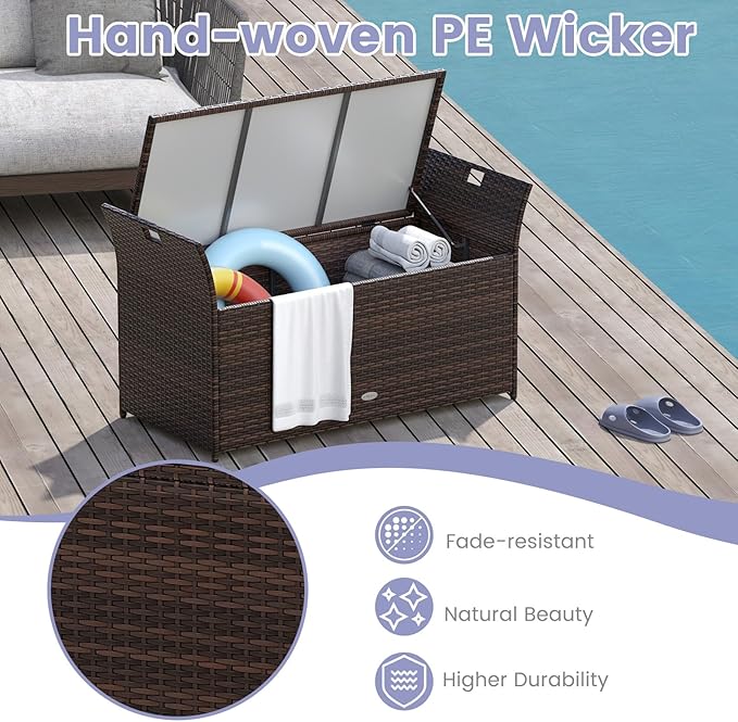 Tangkula 68 Gallon Outdoor Wicker Storage Bench, Patio Storage Box with Hand-Woven PE Rattan, Cushion & Side Handles, Outdoor Deck Box for Poolside, Backyard, Garden (Gray)