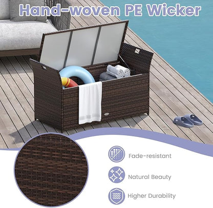 Tangkula 68 Gallon Outdoor Wicker Storage Bench, Patio Storage Box with Hand-Woven PE Rattan, Cushion & Side Handles, Outdoor Deck Box for Poolside, Backyard, Garden (Gray)