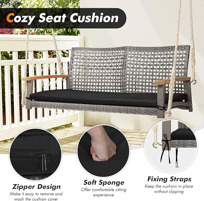 RELAX4LIFE 2-Seater Outdoor Porch Swing - Patio PE Rattan Hanging Swing Bench with Seat Cushion and Strong Hanging Ropes - Photo 4