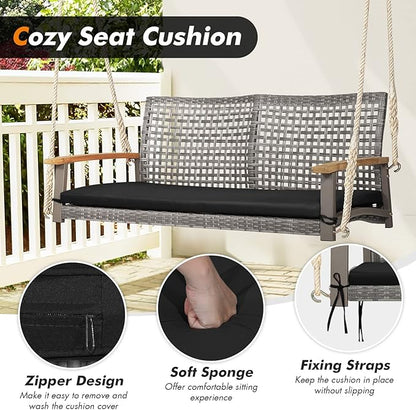 RELAX4LIFE 2-Seater Outdoor Porch Swing - Patio PE Rattan Hanging Swing Bench with Seat Cushion and Strong Hanging Ropes, Wicker Swing Loveseat Bench for Porch, Backyard, Garden, 800 lbs (Black)