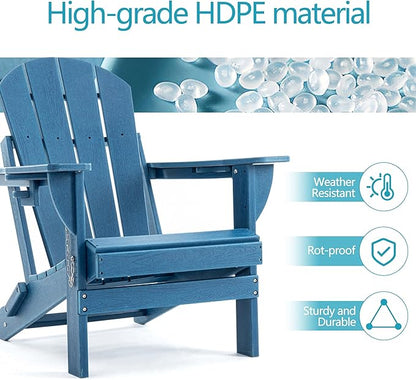 Folding Outdoor Adirondack Chairs Set of 4 with HDPE Side Tables-Plastic Weather Resistant Patio Chairs with Small Outdoor Side Tables 2 Storage for Patio,Fire Pit, Garden and Backyard