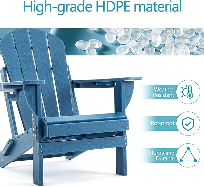 Folding Outdoor Adirondack Chairs Set of 4 with High&Reclining Back-HDPE Weather Resistant Patio Chairs with Cup and Phone Holder for Patio,Fire Pit, Garden and Backyard