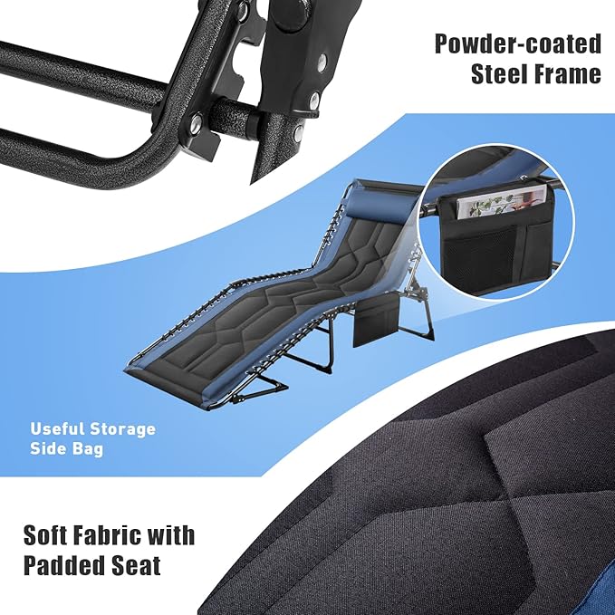 Flamaker Folding Chaise Lounge Outdoor Portable Lounge Chairs 4-Position Adjustable Camping Lounge Chair with Pillow & Side Bag Lightweight Recliner Sunbathing Chair for Pool Beach Deck (Blue)