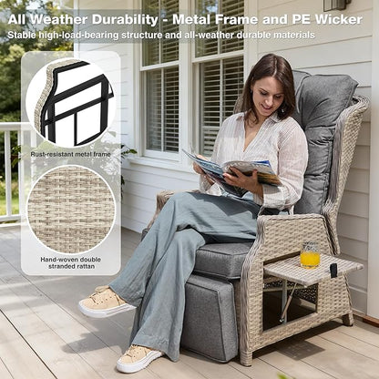 Outdoor Recliner with Adjustable Back and Footrest, Patio 150° Lay Flat Recliner with Flip Table Wicker Reclining Lounge Chair, Grey with Beige Wicker