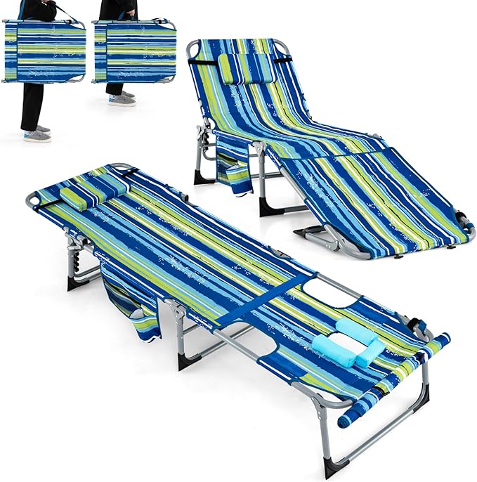 Goplus Tanning Chair, Folding Outdoor Beach Lounge Chair with Face & Arm Hole, Carrying Strap, Pillow, Side Pocket - Photo 1