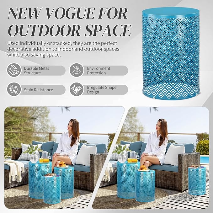 Outvita Outdoor Nesting Tables Set of 3, Heavy Duty Metal Frame Accent Modern End Table, Portable Side Table for Indoor, Outdoor, Living Room, Meander Pattern - Blue