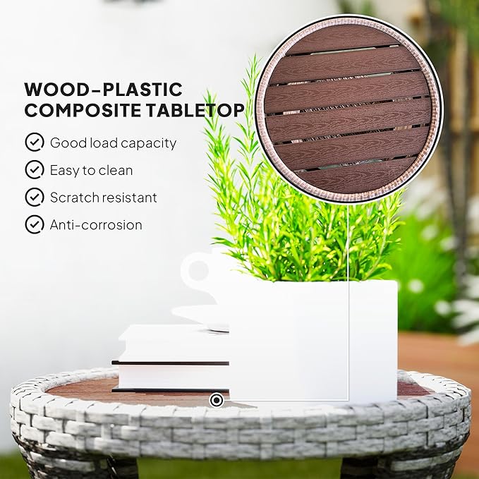 Outsunny 18" Outdoor Wicker Coffee Table, 2-Tier Patio Side Table with Storage, PE Rattan Outdoor Coffee Table with Composite Wood Top, Steel Frame for Garden Backyard Balcony, Mixed Gray