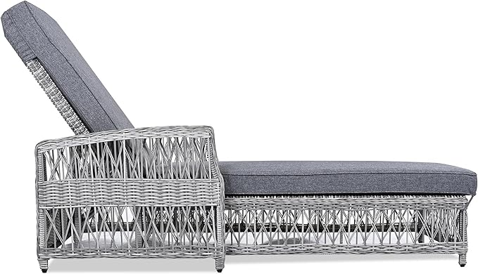 Outdoor Long Reclining Chaise, Wicker Lounge with Armrests, Patio Adjustable Recliner with Soft Removable Cushions, All Weather Rattan Chaise Lounge for Poolside & Garden (Gray)