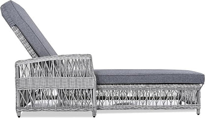 Outdoor Long Reclining Chaise, Wicker Lounge with Armrests, Patio Adjustable Recliner with Soft Removable Cushions, All Weather Rattan Chaise Lounge for Poolside & Garden (Gray)