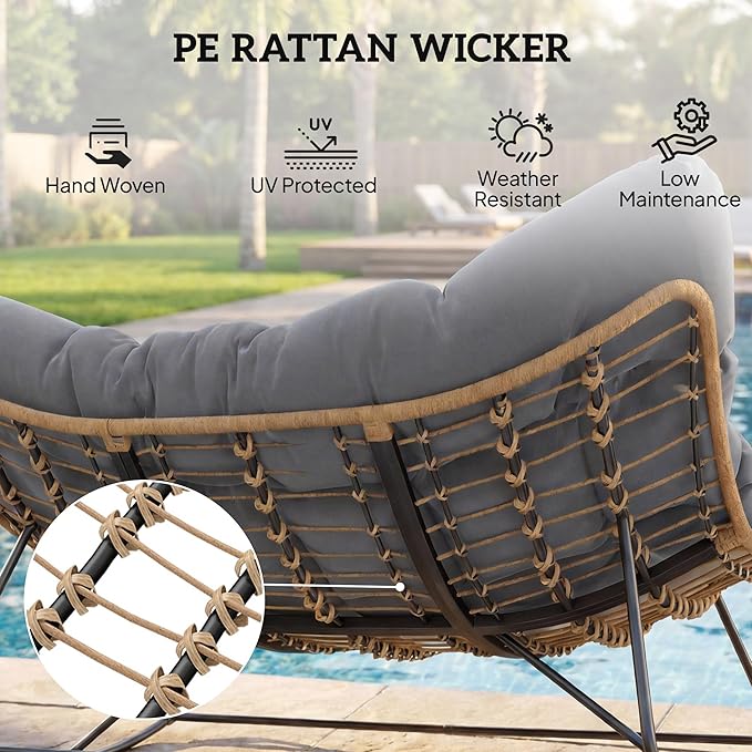 Outsunny Double Papasan Rocking Chair, Wicker Oversized Indoor Outdoor Rocking Chair with Cushion, PE Rattan Padded Outdoor Rocker Egg Chairs for Living Room, Garden, Patio, Balcony, Gray