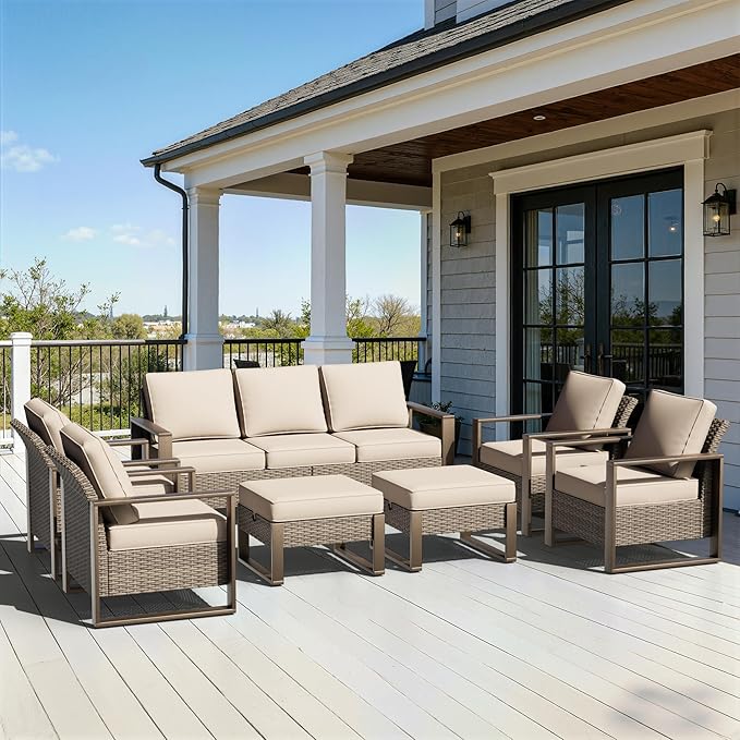 7 Pieces Metal Wicker Patio Furniture Set - 75" Sofa, Four Armchairs and Two Ottomans - Photo 1