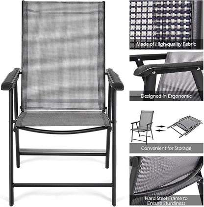Giantex Set of 4 Folding Patio Chairs, Outdoor Portable Dining Chairs for Garden Camping Poolside Beach Deck Lawn, 4-Pack Sling Armchairs, Metal Frame, Grey