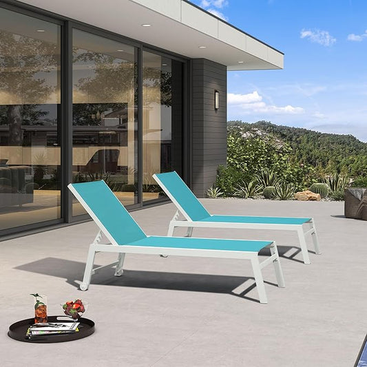 PURPLE LEAF Patio Lounge Chair 2 Pieces White Aluminum Outdoor Chaise Lounge for Pool Backyard Beach with Wheels and Table, Turquoise